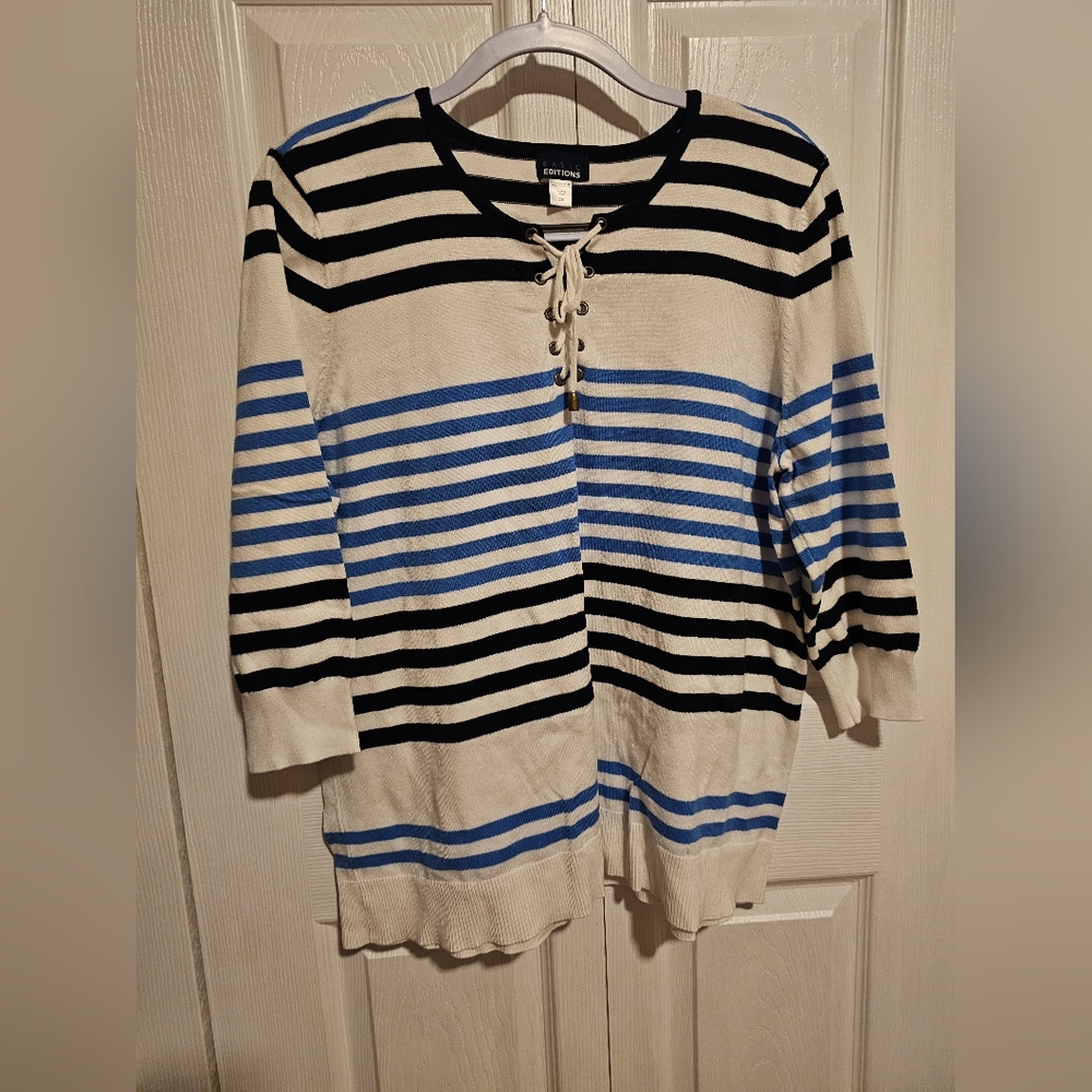 Basic Editions Black, Blue, and White Striped Sweater